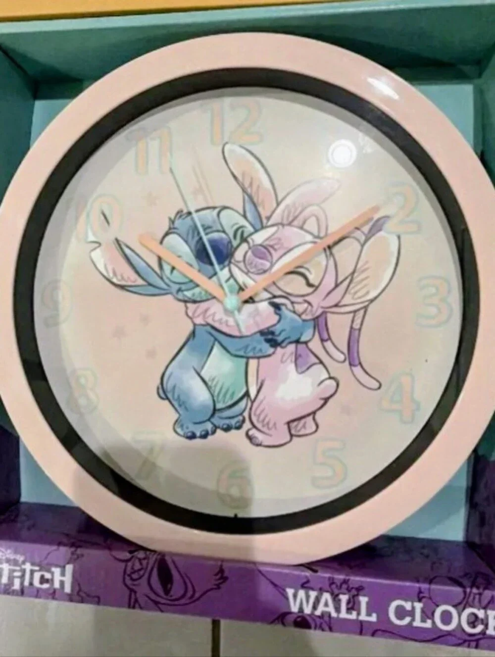 Disney Pink Round Wall Clock with Stitch & Angel Illustration